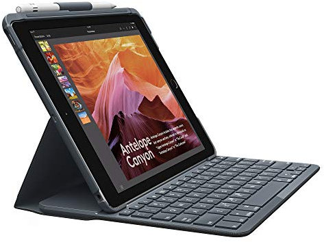 Logitech Slim Folio iPad Hülle mit Kabelloser Bluetooth Tastatur, Für’s iPad der 5. & 6. Generation (A1893, A1954, A1822, A1823), 14 iOS-Sondertasten, Englisches QWERTY-Layout Carbon