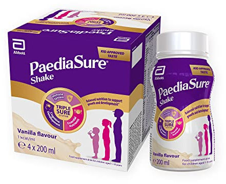 PaediaSure Shake Ready-To-Drink Bottles, 4 x 200ml, Vanilla Flavour, Supplement for Kids with 26 Vitamins & Minerals, Vitamin D, Iron & Protein, Supports Kids’ Healthy Growth & Immunity