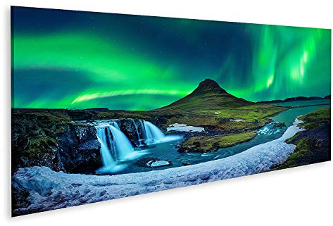 islandburner Bild auf Leinwand Nordlicht Aurora Borealis Kirkjufell Island Berge Winter Bilder Wandbilder Poster
