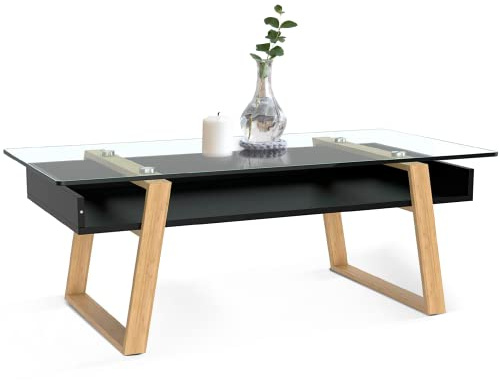 bonVIVO Soffbord svart med glas trä materialblandning – sidobord, skänk, vardagsrumsbord – modernt minimalistiskt – snyggt glasbord för vardagsrum, sovrum, hall
