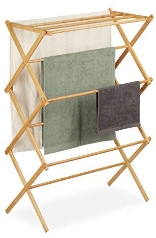 Relaxdays Bamboo Foldable Drying Rack, Towel Holder, HWD: 106 x 74 x 36 cm, 11 Bars on 6 Levels, Clothes Stand, Natural