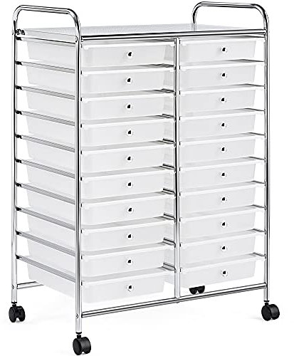 Yaheetech Rollwagen Badrollwagen Rollcontainer mit 20 stapelbaren Schubladen Allzweckwagen Metallgestell Aufbewahrungswagen Beistellwagen für Büro Küche Bad Wohnzimmer, Kunststoff,Metall, Weiß