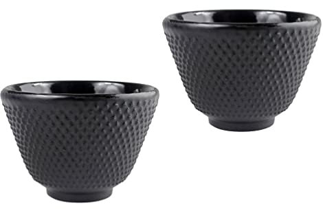 Angoily Lot de 2 tasses à thé japonaises noires en fonte - Tasse à thé japonaise Kung Fu - Tasse à thé artisanale - Motif floral