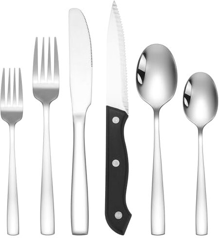 SuperCook 36-Piece Stainless Steel Cutlery Set for 6 with Steak Knives, Mirror Polish, Dishwasher Safe