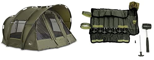 Lucx Leopard Bivvy Angelzelt Personen Karpfenzelt 2 bis 3 Mann Anglerzelt Carp Dome Fishing Tent 10.000mm, Oliv Grün, 1-3 Zelt & Heringe-Set 14-TLG. inkl. Gummihammer und Tasch
