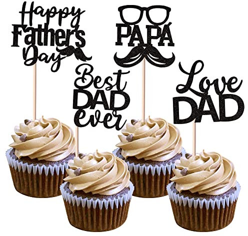 24 Pack Happy Father's Day Cupcakes Topper Glitter Best Dad Cupcake Picks Love Dad Moustache Cupcake Decorations Happy Father's day Cake Decorations Supplies for Men Black