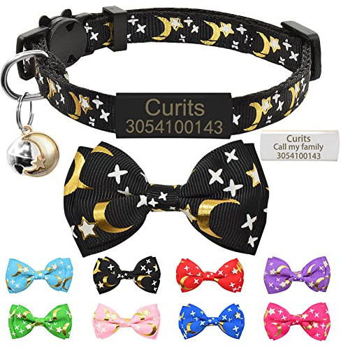 Personalisierte Sterne Monde Katzenhalsband mit Namensschild & Glocke,Benutzerdefinierte Breakaway Fliege Katzenhalsband mit Namensschild Fit 20-28 cm Schwarz