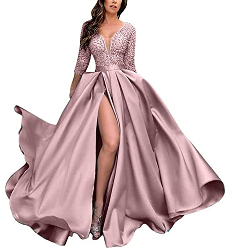 Onsoyours Vestiti da Cocktail Donna Senza Spalle Pizzo Abito Sera Cerimonia Elegante Vestito con Spacco B Rosa L