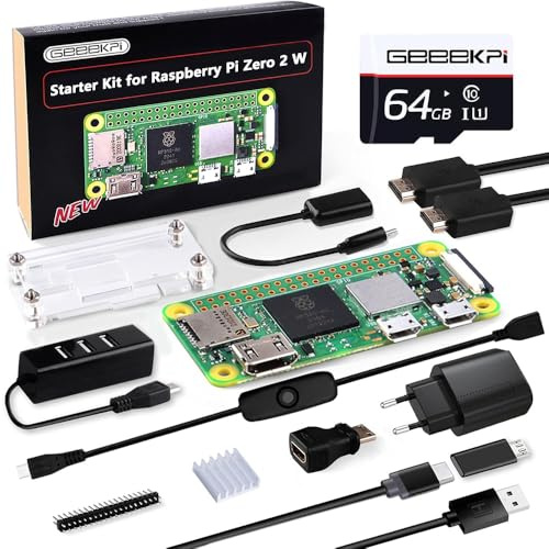 GeeekPi Raspberry Pi Zero 2 W Starter Kit,with RPi Zero 2 W Case,32GB SD Card Preloaded OS,QC3.0 Power Supply,20 Pin Header,Micro USB to OTG Adapter,HDMI Cable,Heatsink,on/Off Switch Cable