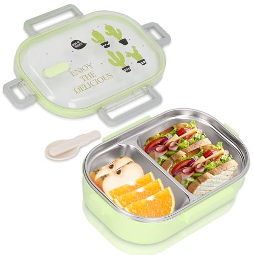 Buachois Bento Box,2 Compartments Stainless Steel Lunch Box for Kids Adults with Sealed Lids Thermal Insulation Food Storage Container for Work School Lunches Picnic Camping(Green)