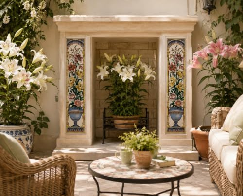 Victorian Lilies Ceramic Tile Mural Floral Lily 75cm x 15 cm 5 Tiles 6 Fireplace Splashback Tiles Hand Decorated in UK