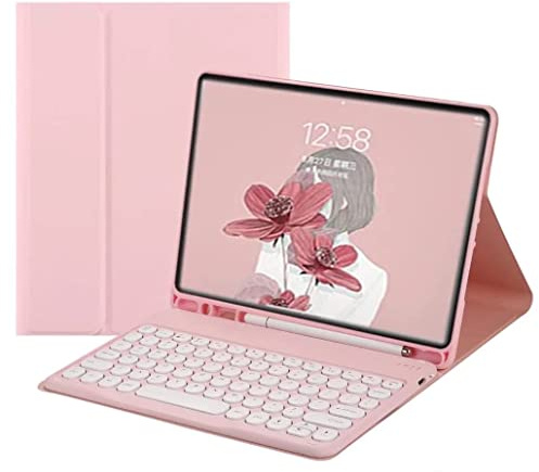 QIYIBOCASE Keyboard Case for Galaxy Tab A8 10.5 Inch 2022 Model (SM-X200/X205/X207) - Slim Leather Folio Cover with S Pen Holder - Magnetically Wireless Detachable Keyboard - Round Keys (Pink)