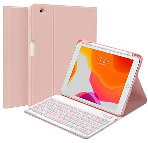 QYiiD Funda con Teclado Español para iPad 9.7 2018/2017, iPad Air 2/1, iPad Pro 9.7, iPad 6ª/iPad 5ª Generación, 7 Colores Retroiluminados Bluetooth Inalámbrico Teclado Desmontable, Rosa