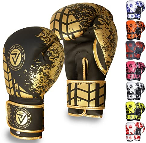 VADER Skin-Tec läderboxningshandskar barn vuxna – MMA Muay Thai boxningsträning, sparringshandskar för män och kvinnor, kickboxning, boxningssäck, handske 4, 6, 8, 10, 12, 14, 473 ml (guld/svart, 170 g)