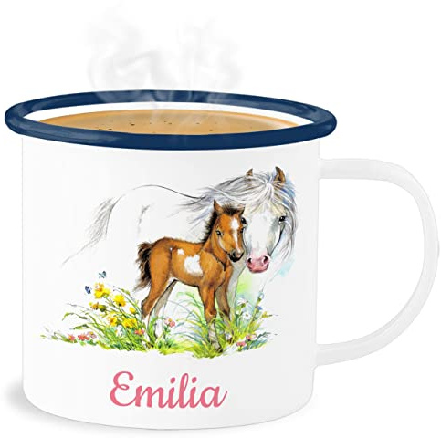 Emaille Becher Blechbecher - Pferd und Fohlen mit Name personalisiert I Geschenk Pferde Mädchen I Pferdeliebhaber - 300 ml - Weiß Blau - tasse pferdemotiv emaille+tasse+kinder+personalisiert