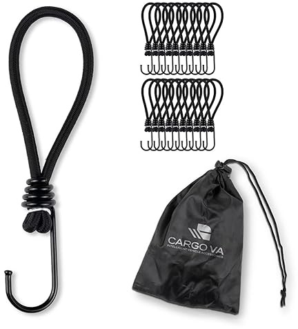 CargoVA® - 20 Spanngummis mit Haken und praktischer Tasche - Expanderhaken für Planen und Netze - Schwarz - 15cm [20 Stück]