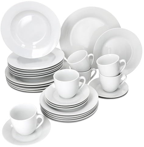 MamboCat Tommy Service combiné 30 pièces I Service de table en porcelaine blanche pour 6 personnes I 6 tasses à café de 200 ml, soucoupes, assiettes à gâteau, assiettes creuses et assiettes plates I