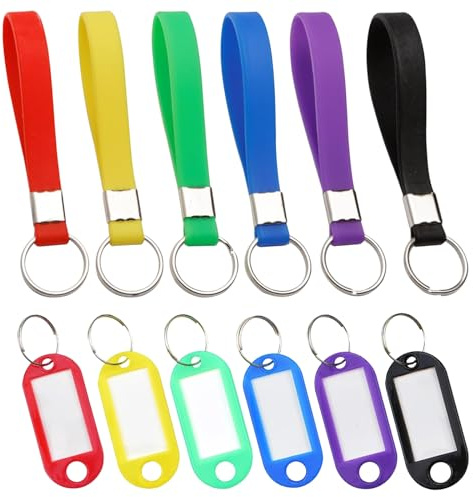GROVL Key Rings with Tag, 12 Pcs Identification Silicon Key Ring loops Car Keychain Plastic Key Tags, KeyRing Holder For Men And Women
