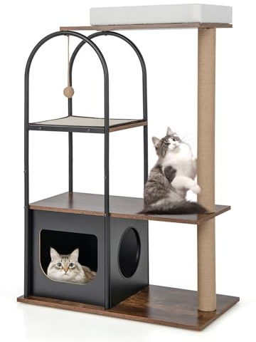 COSTWAY Cat Tree, Multi-Level Cat Climbing Tower with Top Perch Bed, Cat Condo, Scratching Posts, Sisal Board and Hanging Ball, Kitten Activity Center for Indoor Cats (Coffee+Black)
