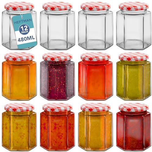 HEFTMAN Small Glass Jars with Lids - 12 Pack Airtight 480ml Jam Jars with Red Gingham Lids for Use as Pickle Jar, Jams, Honey, Candle Making, Preserving, Food Storage - Hexagonal Shape (Empty)