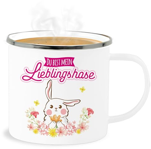 Emaille Becher Blechbecher - Tassen - Du bist mein Lieblingshase I Pärchen Geschenke Paare Ostern I - 300 ml - Weiß Silber - paar hase partner valentinstag liebe couples liebesbotschaft