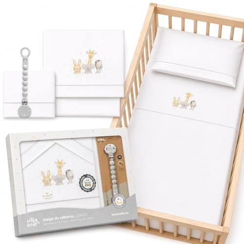 Sabanas Cuna 60x120 100% Algodón Set 3 piezas con Sabana Bajera Transpirable Ajustable Lavable + Funda Almohada Suave Pack para Descanso de Bebes y Recien Nacidos Chupetero de Regalo - Acuarela