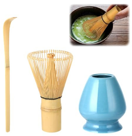 Wenrescry Juego de 3 Batidores de Matcha de Bambú, Incluye Batidor de Té Matcha de 80 Dientes, Chawan Color Azul Lago y Chashaku - Matcha Kit Completo