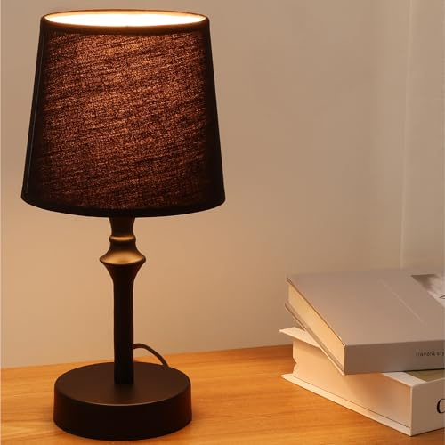 Navaris Tischlampe für Wohnzimmer Schlafzimmer - kleine Nachttisch Lampe 30cm mit Stoffschirm Ø15cm und Metallsockel - Nachttischlampe E27 mit USB - Nachttischleuchte - Schwarz