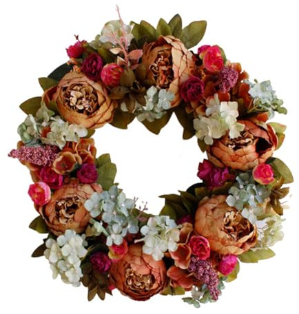 Aublinto Corona di peonie artificiale, corona di peonie, decorazione da parete, ghirlanda di fiori verde artificiale essiccata e smerigliata, decorazione per porta, corona dell'Avvento, fiori secchi