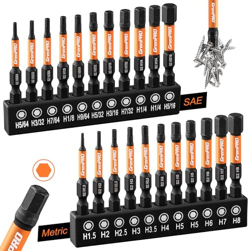 GRENPRO Allen Wrench Drill Bit Set 22pc Hex Bit Set, Impact Driver Bit Set, Screwdriver Bit Set, Allen Wrenches Sets, Allen Socket Set, 2 Long Metric&SAE 1/4 Hex Shank Magnetic Allen Key Drill Bits