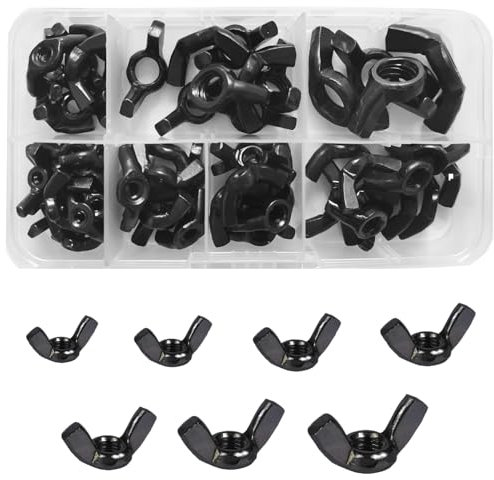 Dado ad Farfalla Nero, Dadi ad ala M10/M8/M6/M5/M4/M3, Dado Viti a Testa Zigrinata Fissaggio, Forma di Farfalla Nere(64 Pz)