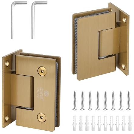 KEJJNYER 2 Pack Gold Glass Shower Door Hinges Frameless, 90 Degree Glass to Wall Shower Door Hinges, 304 Stainless Steel Brushed Nickel Shower Door Clamp for 8mm-12mm