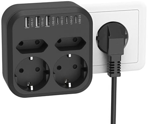 Ladron Enchufes Plano 10 en 1,Enchufe Multiple con 6 USB,2 Schuko y 2 Enchufe EU,Regletas Enchufes Pared,Enchufe Doble 3500W, Ladron Enchufes USB C para Móvil,Familia,Oficina,Cocina,Negro