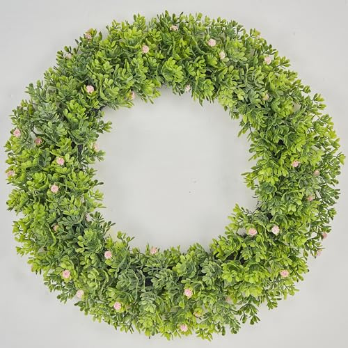 Avoceo Künstlicher Buchsbaumkranz für Haustür, ganzjähriges Grün, Frühling und Sommer, dekorativer Kranz mit Blumen für Türdekoration, perfekt für Bauernhaus, Hochzeiten und saisonale Dekoration (D
