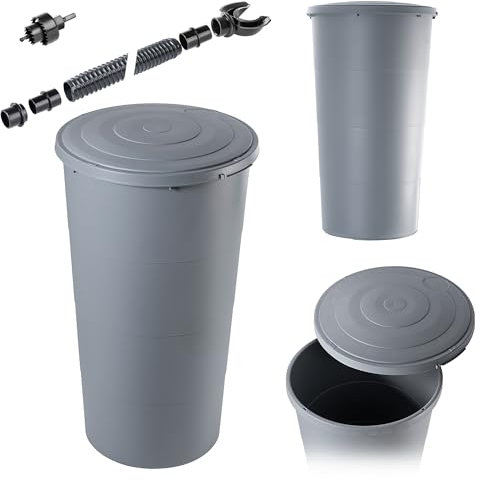 KADAX Regenfass 200L, Regentonne mit Deckel, Regenwassertonne aus Kunststoff, Regenwassertank 200 Liter, Regenwasserbehälter, Wassertonne (Grau)