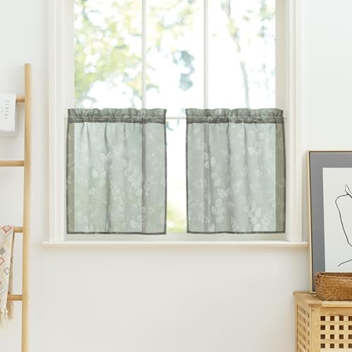 PONY DANCE Transparente Scheibengardine Leinenoptik Gardine Salbeigrün | Bistrogardine 2er Set, H120 x B60 cm, Lichtdurchlässig, Fenstergardine Kurz, Küchenvorhang, mit Stangendurchzug, Luftig