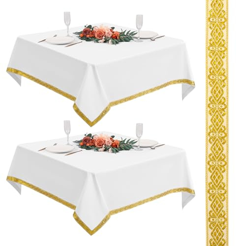 Teruntrue 2er-Set Weiße Quadratische Tischdecken 132x132cm mit Goldfaden-Jacquard, Polyester Tischbelag für Kartentisch | Spülmaschinenfest für Hochzeit Camping Buffet
