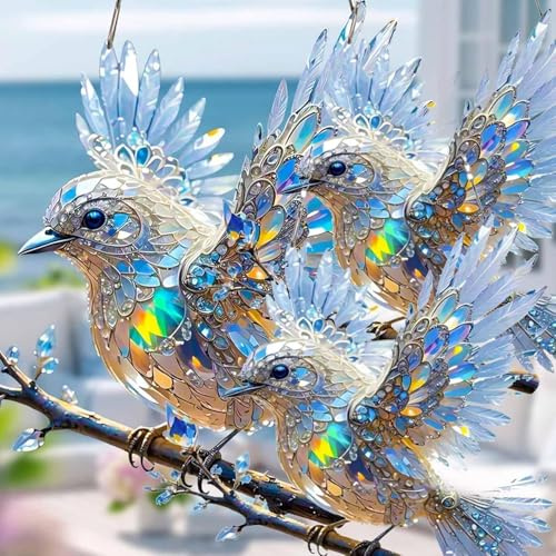 Crystal Sky Bluebird Stained Art Ornament, 2025 New Stained Glass Birds for Window, Crystal Inspired Hummingbird Diamond Painting Kits, Acrylic Birds Hanging Suncatcher, 8 Inches (3pcs)