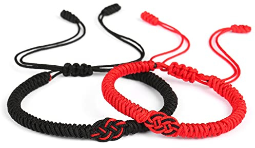 THINCAN Lot de 2 bracelets tissés à la main - Noeuds chinois noirs et rouges - Bracelet porte-bonheur pour hommes et femmes - Bonheur rouge pour hommes et femmes - Réglable