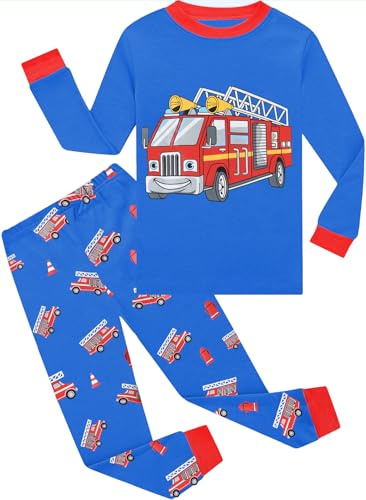 EULLA Kinder Jungen Schlafanzug Langarm Baumwolle Winter Pyjama Set Feuerwehrwagen Dinosaurier Bagger Traktor Zug Zweiteiliger Nachtwäsche 1-7 Jahre 92 98 104 110 116 122