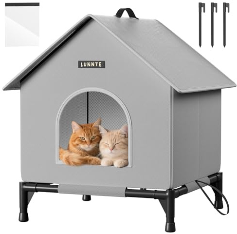 Wasserdichtes Outdoor Katzenhaus, Robustes 4-Jahreszeiten Katzenhäuschen mit erhöhtem Stand, Wetterfestes Tierheim mit Türvorhang für Katzen & Kleine Hunde, Streuner (XL, Grau)