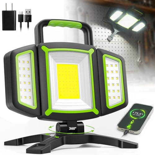 SideKing Projecteur LED Rechargeable 3000LM, Lampe Chantier 4400mAh, Rotation 360°, Base Magnétique, Pliable, IP65 Étanche, Projecteur LED Chantier pour Atelier, Camion, Camping et Panne de Courant