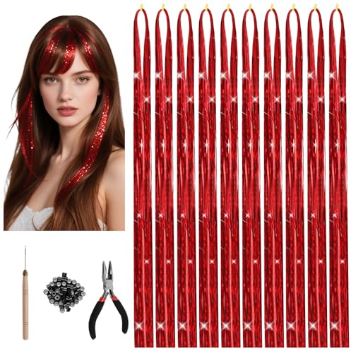 10 PCS Haar Lametta Rot,120 cm Glitzersträhnen