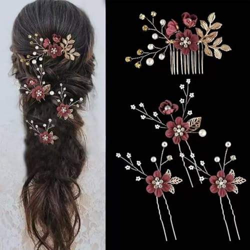 LAOYEFACAI 4 Stück Hochzeit Haarkamm Perle Braut Haarschmuck Strass Brautschmuck Kamm Haarspange für die Braut Brautjungfer für Bräute Brautjungfrauen (Red)