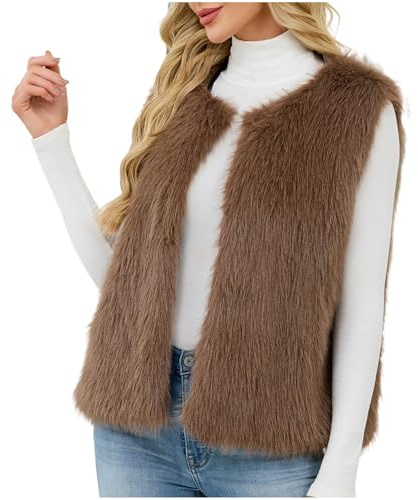 Flodxo Kunstfell-Weste für Damen, flauschiges Kunstfell, ärmellos, warme und gemütliche Bodywarmer, lässige Thermoweste, offene Weste, flauschige Plüschweste