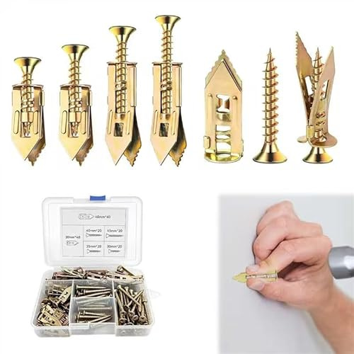MISIQIMA 80 Pièces Cheville Platre, Quatre Tailles de Chevilles Autoperceurs pour Cloisons Sèches, Aucun Perçage Nécessaire, Convient pour La Fixation de Téléviseurs, D'armoires, Décorations