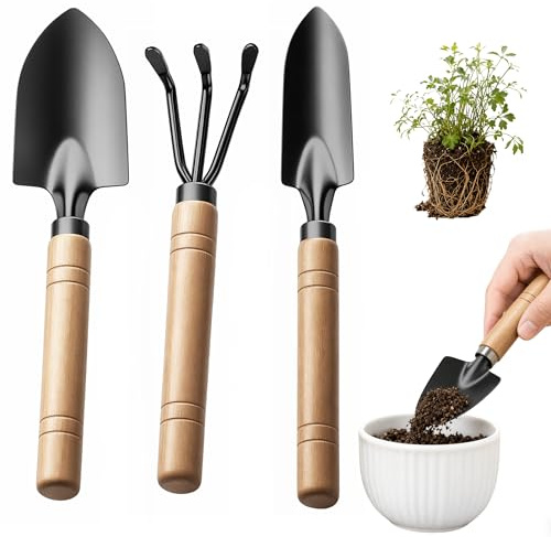 hankousi Set di 3 mini attrezzi da giardino, con manico in legno resistente, piccole pale e cazzuole, ideale per bonsai, piante in vaso, aiuole e terreno allentato, kit di attrezzi da giardinaggio