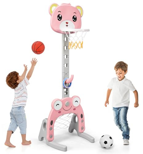 GYMAX 3-IN-1 Kids Basketball Stand, Basketball Hoop Set with Soccer and Golf Play, Height Adjustable Sports Activity Center for Toddler Children (Pink)