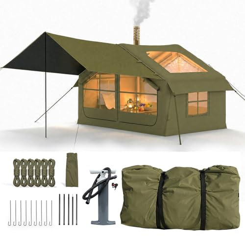 HAUSPROFI Aufblasbares Zelt für 2-4 Personen, Campingzelt mit Dachfenster & Kaminöffnung & Luftpumpe, Outdoor Zelt aus Wasserdichtem Oxford-Stoff, Schneller Aufbau