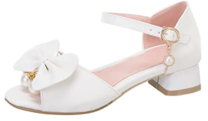 Generisch Sandalias brillantes de encaje abierto, zapatos de fiesta de boda con tacón para niños pequeños y grandes, zapatos festivos con purpurina plateada, Blanco, 35 EU